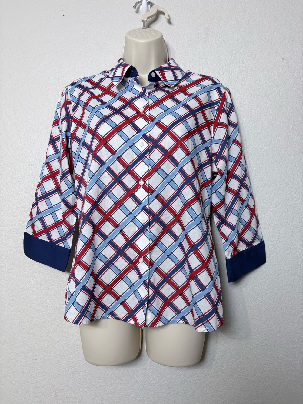 Foxcroft Cotton Red White and Blue Button-Front Diagonal Striped Top 3/4 Sleeve‎